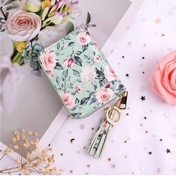 Floral Mint Leather Compact Wallet - Picture 1 of 4